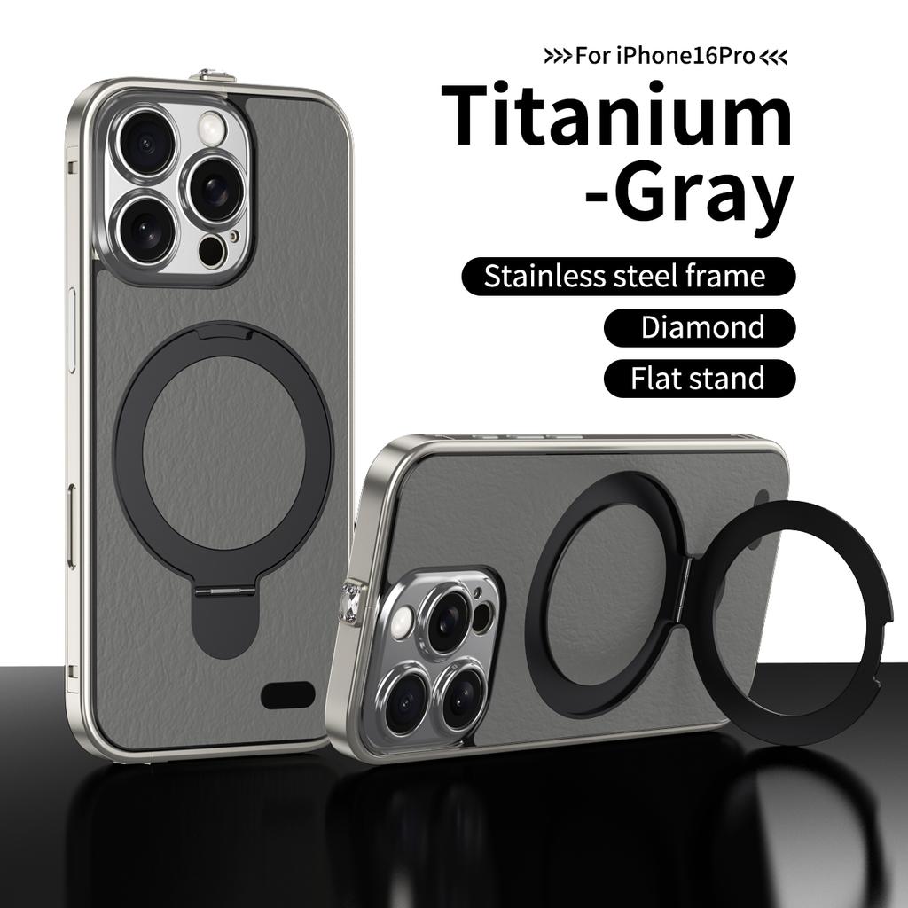 Luxury Aluminum Alloy Leather Magnetic Stand Phone Case For iPhone 16 15 Pro Max Magsafe Wireless Charging Metal Lens Frame Cover
