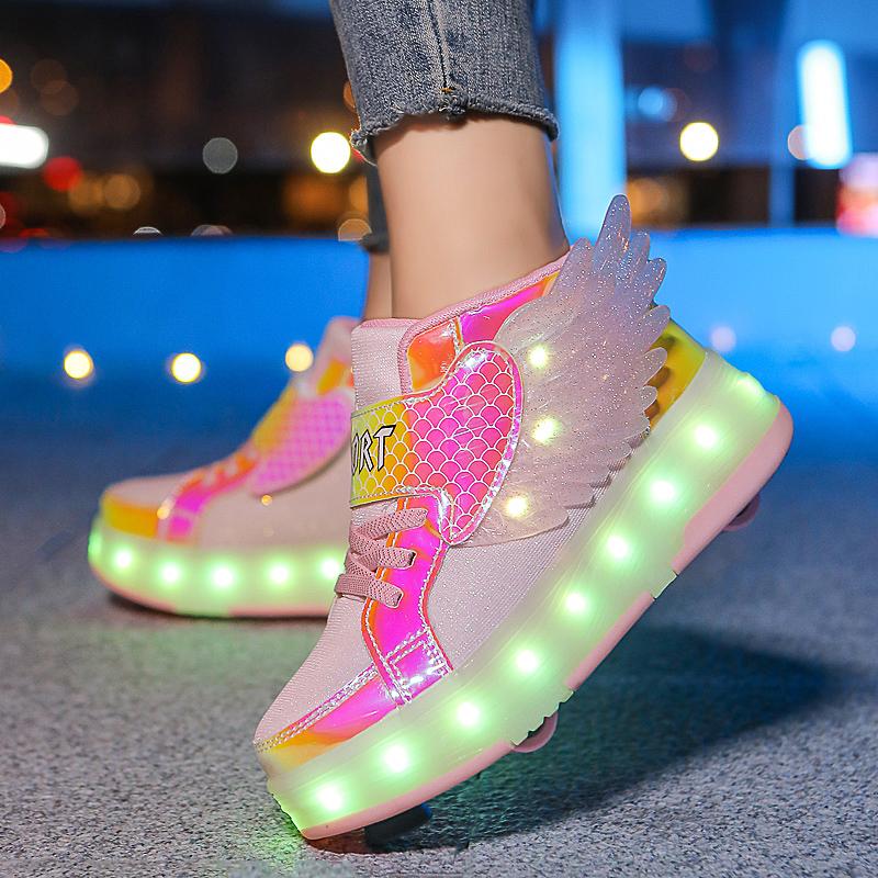 Kid's Four-wheel Detachable Flat Shoes Rechargeable LED Luminous Sports Shoes with Wings Children's Skates with Brakes Roller Skates sneakers