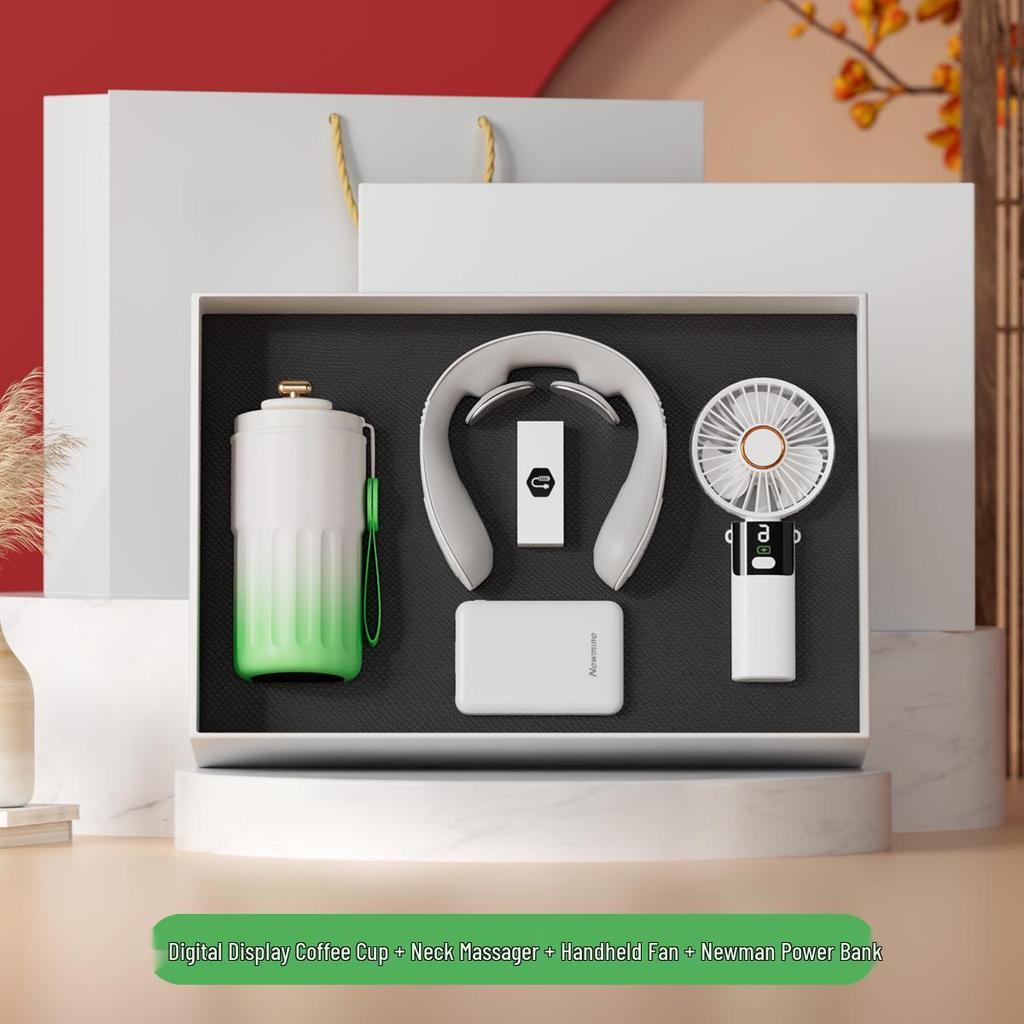 Digital Display Coffee Cup & Handheld Fan Business Gift Set for Leaders & Colleagues - Customizable with Logo
