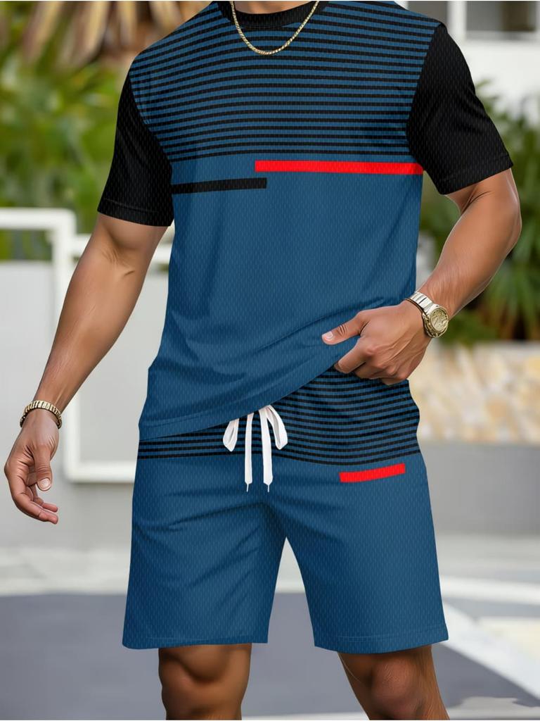 Casual Stripe Printed T-Shirt Shorts Loose Men's Short Sleeve Tee Elastic Waist Shorts Set Sports Clothes