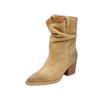 Cowhide version~ Western cowboy boots brown pointed head suede thin pleated stacking boots V-mouth thick heel medium tube short boots