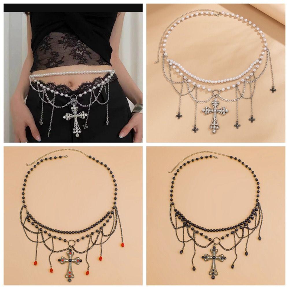 Zinc Zinc Alloy Cross Black Chain Belt Acrylic Beads Crystal Tassel Waistband  Skirt Suit Decoration