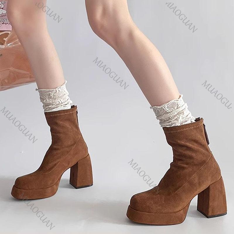 Fashion Autumn Women Ankle Boots Short Ladies Platform Square High Heels Female Shoes Fashion Solid Suede Chunky Heeled Botines Mujer