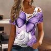 Women Butterfly Print Cold Shoulder Short Sleeve T Shirt Irregular Cutout Neck Casual Summer Blouse Top