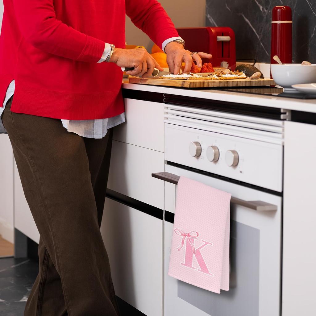 Coquette Pink Bows Personalized Kitchen Towels, Initial K Letter Decor, Pink Monogrammed Hand Towels for Bathroom, Sweet Dish Towels for Kitchen