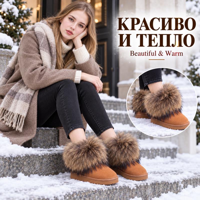 Winter Real Fox Fur Snow Boots Flats Genuine Leather Fur Boots Women's Short Boots Suede Leaher Girl Boots