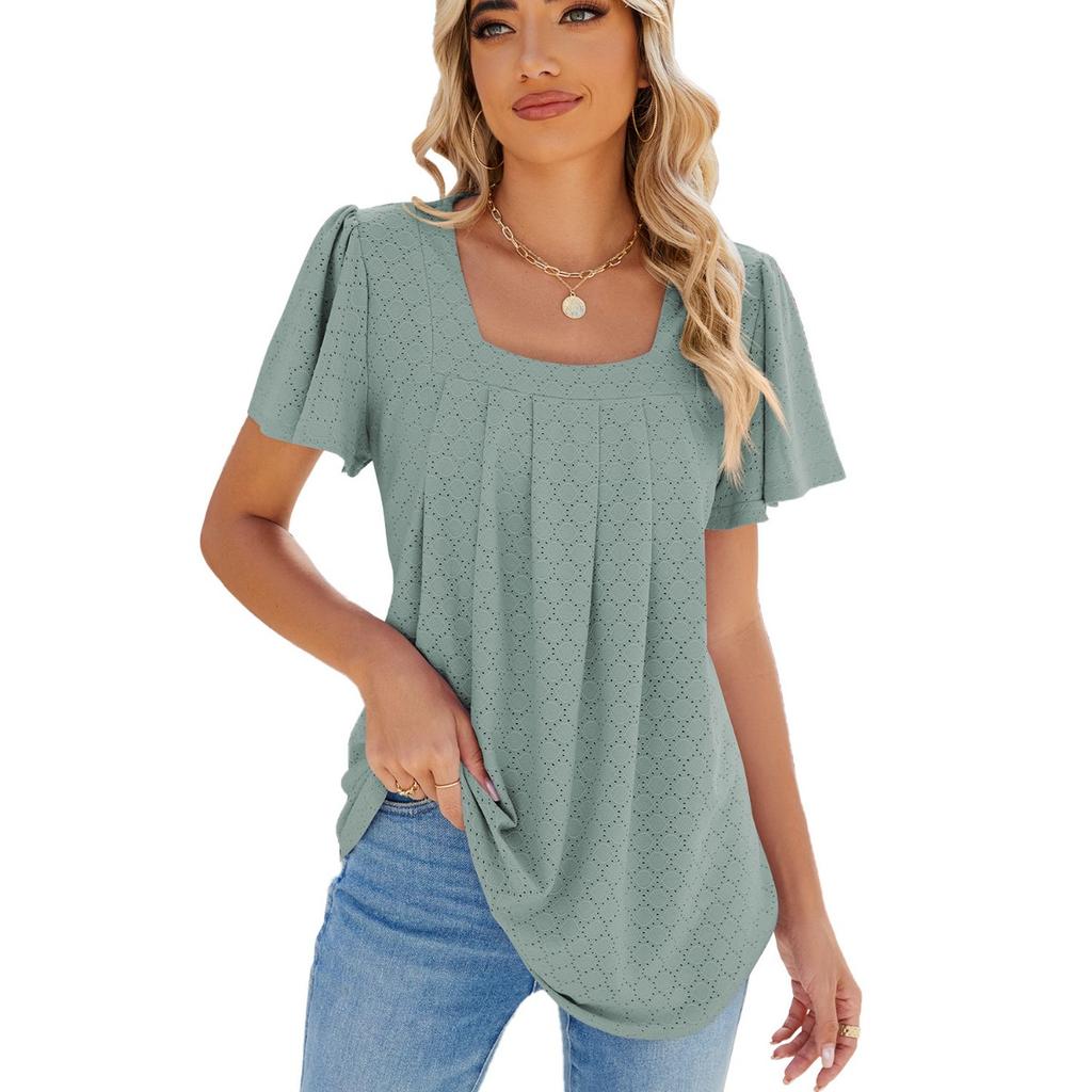 Spring Summer Women's Solid Color Square Neck Ruched Short Sleeve Loose T-shirt Top Casual Streetwear