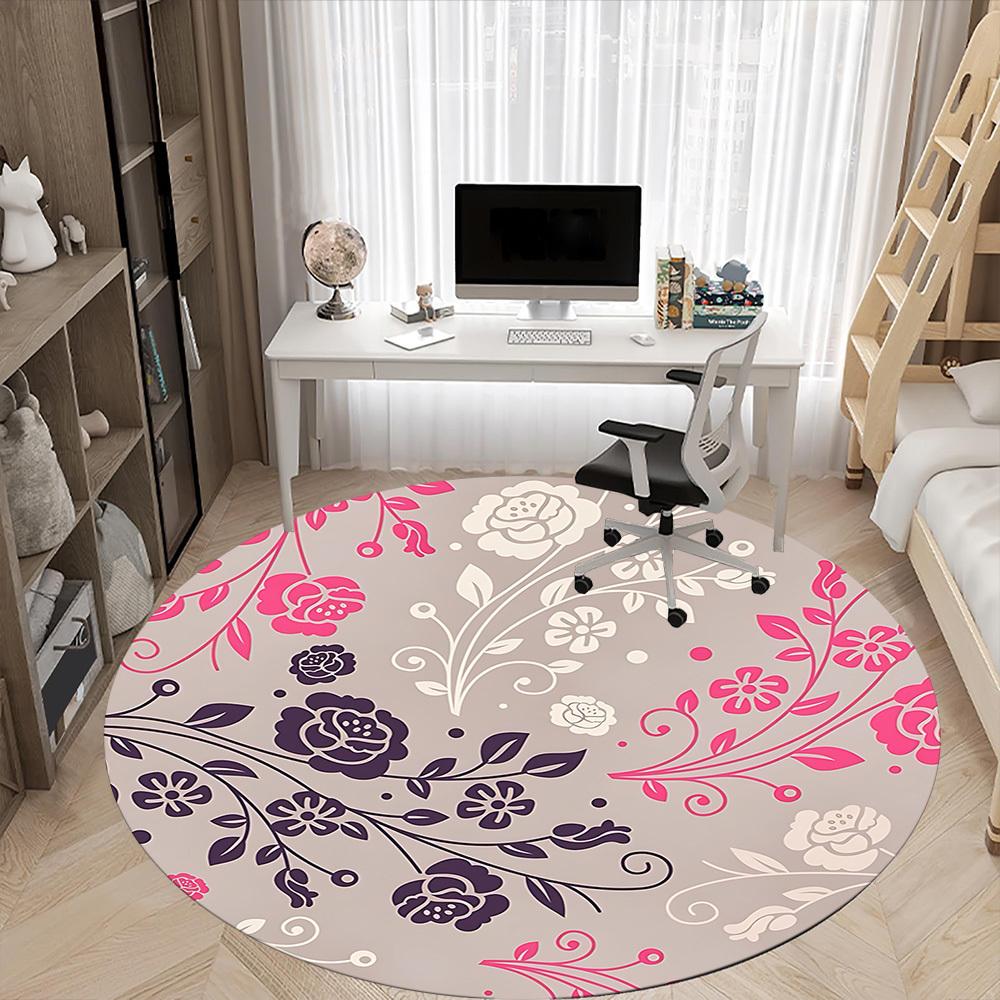 1pc Floral Pattern Chair Carpet for Office, Round Polyester Mat, Indoor Decor for Office, Washable Non-slip Carpet yy251219086