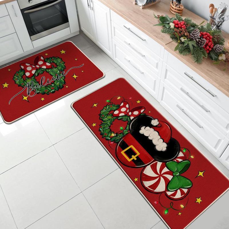Christmas Velvet Non-Slip Water-Absorbent Floor Mat Set - Easy Clean, Dirt Resistant, Decorative Kitchen Rugs.