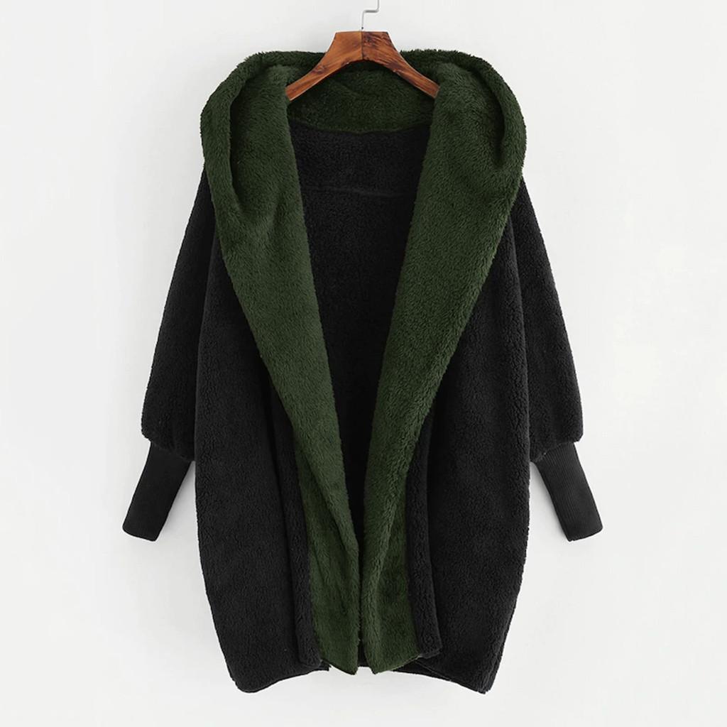 New Women's Color Blocked Double-sided Velvet Hooded Loose Cardigan Jacket