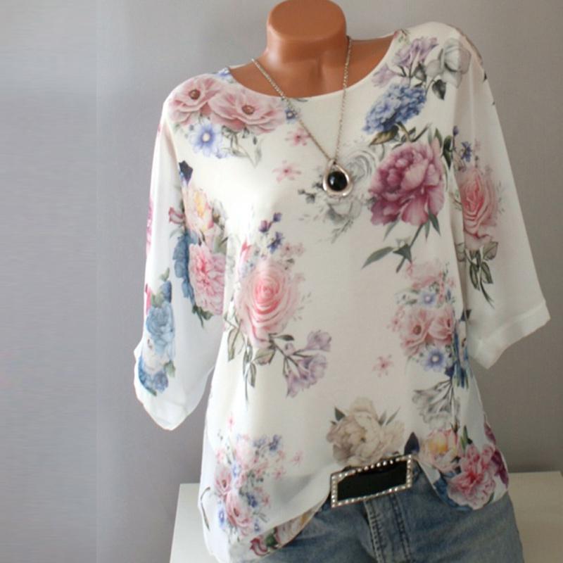 Fashion Women Round Neck Floral Print Loose Casual Chiffon Blouse Plus Size Shirts S-5XL
