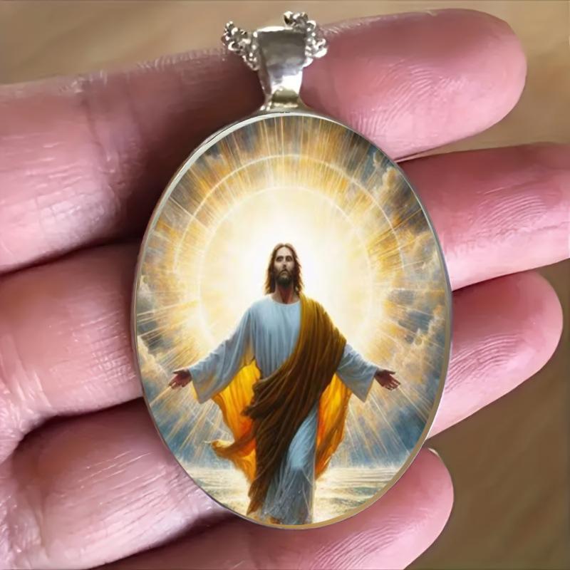 A Christian Jesus Pendant of Divine Love and Faith Time Gemstone Necklace Guardian Necklace Glass Pendant Suitable for Daily Wear Unisex