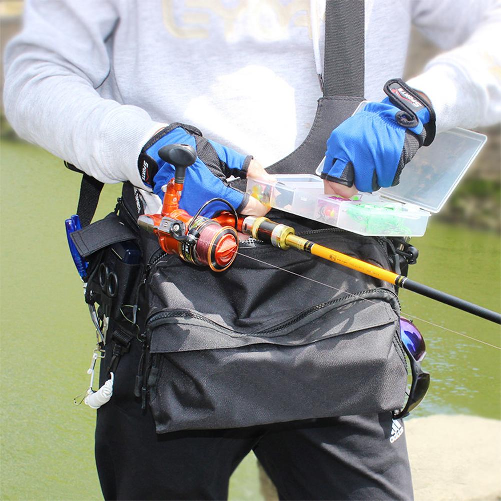 Fishing Tackle Waist / Cross-body Bag With Rod & Gear Holder Water-Resistant Cross Body Sling Bag With D-Rings And Waist Strap For Outdoor Fishing