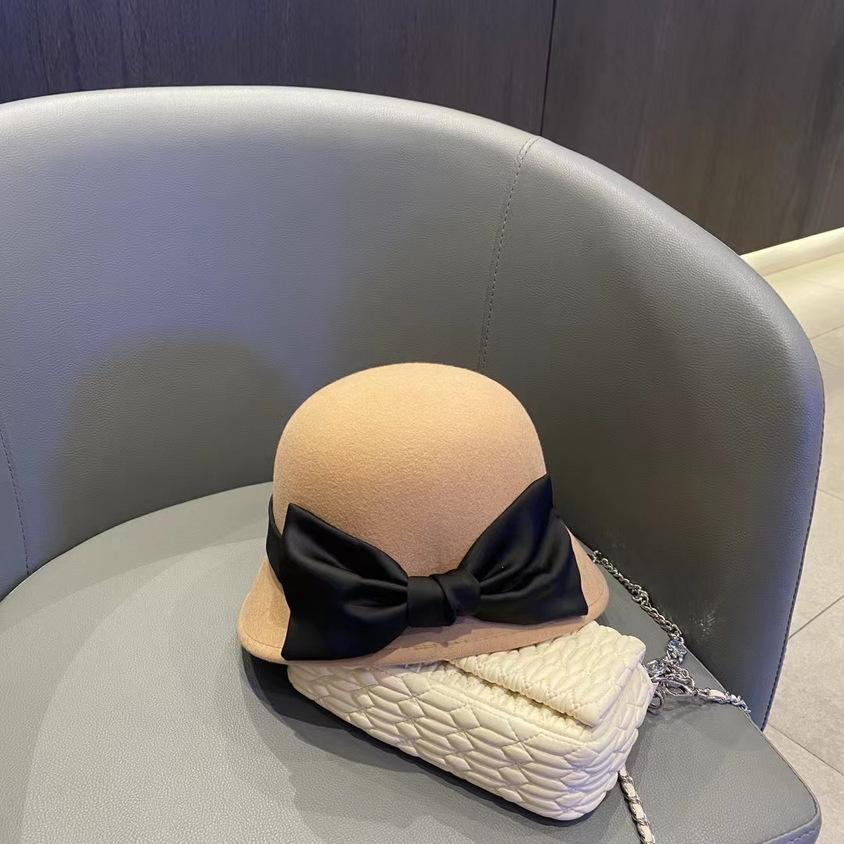 Japanese woolen top hat women's autumn and winter retro Hepburn style small edge basin hat elegant women's bow bucket hat
