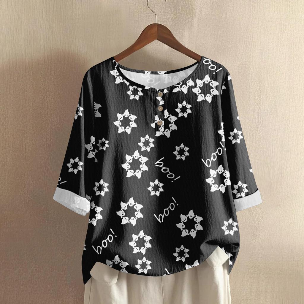 Women's Fashion Casual Long Sleeve Halloween Printed V-Neck Top
