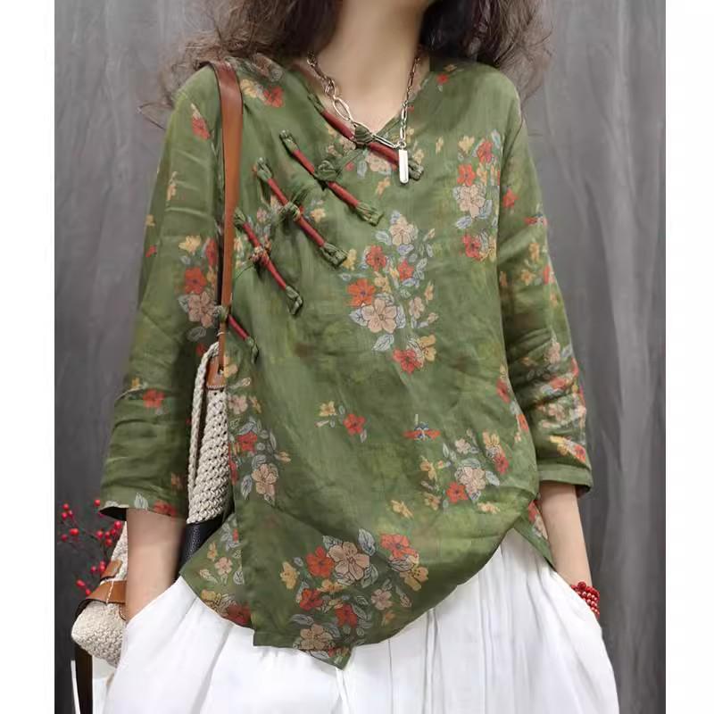 Asymmetrical Linen Frog Button Chinese Style Shirt, Spring/Summer 2026, Slimming Three-Quarter Sleeve Pullover.