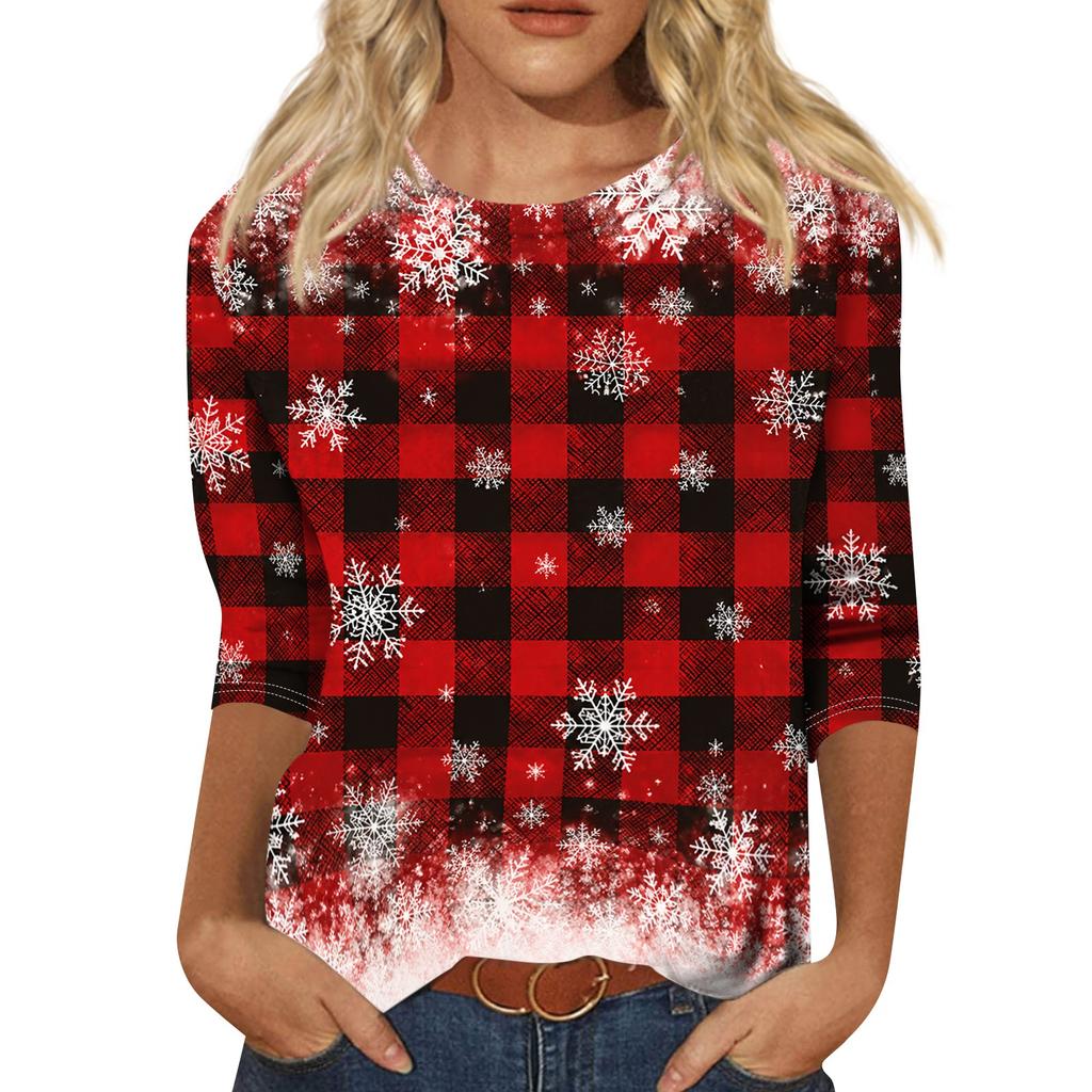 Women's Casual Three-Quarter Sleeve Neck Top with Christmas Print