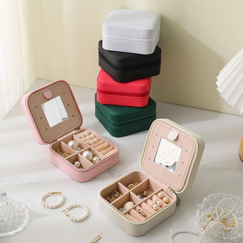 1pcs Portable Mirror Split Zipper Earring Earrings Necklace Jewelry Box Storage Jewelry Box Leather bag