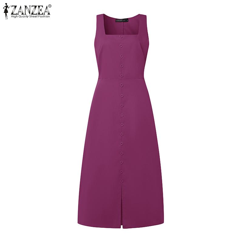 ZANZEA Women Square Collar Summer Sleeveless Long Dress