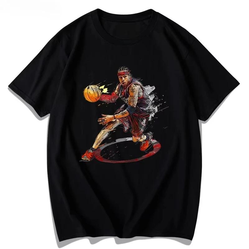 Summer men's new Iverson character T-shirt Basketball fire print casual short-sleeved round-neck 100% cotton T-shirt streetwear