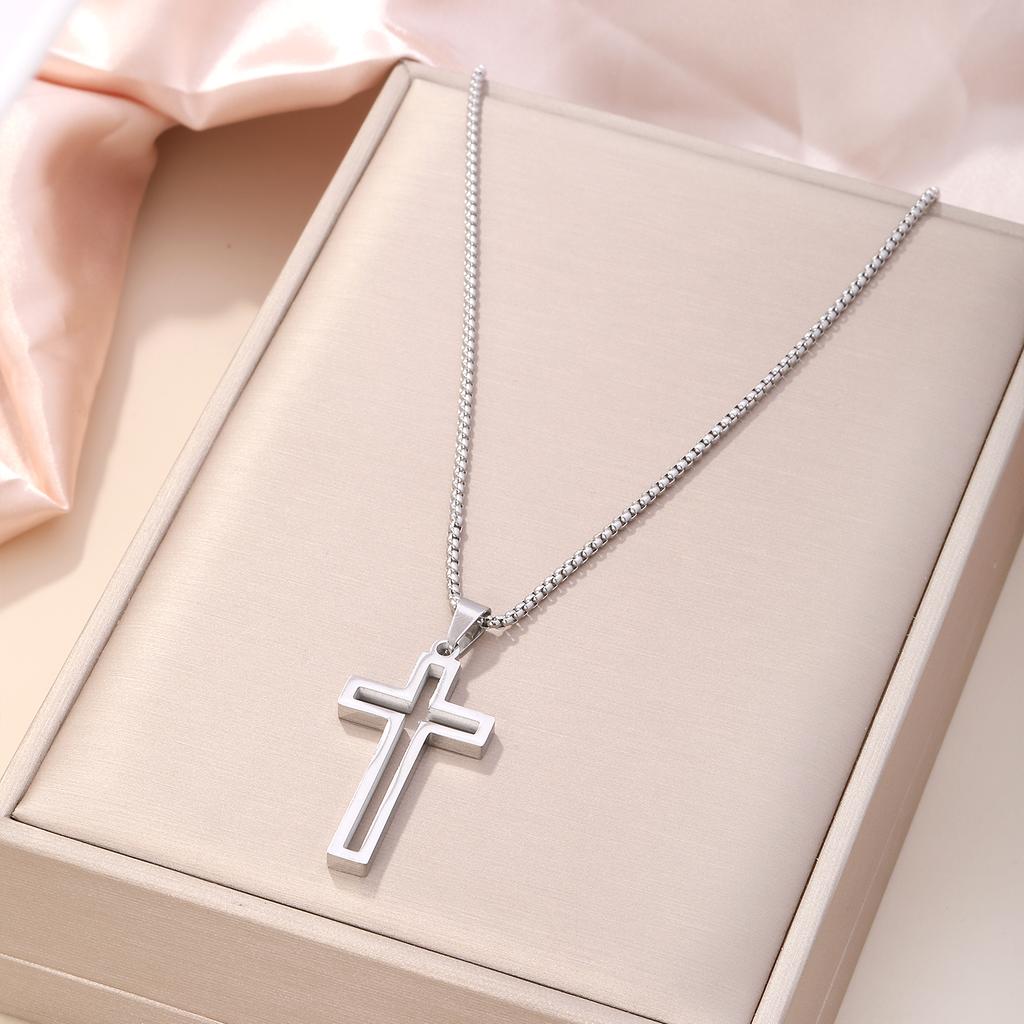 Skeleton Cross Necklace for Men Women Stainless Steel Hollow Out Cross Pendant Box Chain Collier Religious Faith Christ Collar