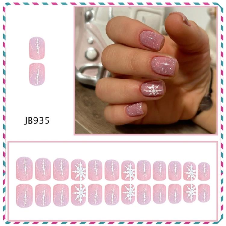Pack of 24 Seasonal False Nail Snowflake Pattern Pink White Color Easy to Apply Fake Nail for Parties Weddings