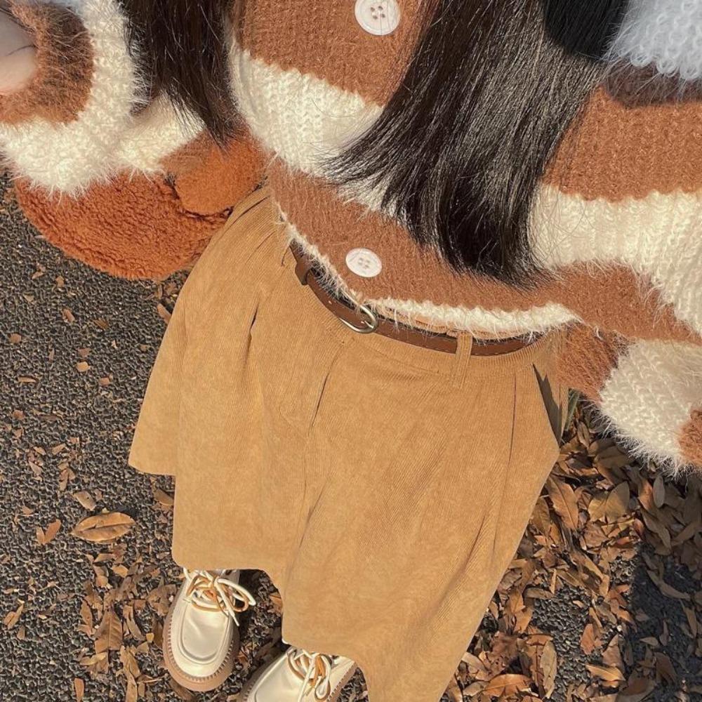 Korean Women's Brown Skirt Autumn Winter High-waisted Corduroy Long Skirt Ladies College Style Pleated A-line Skirts