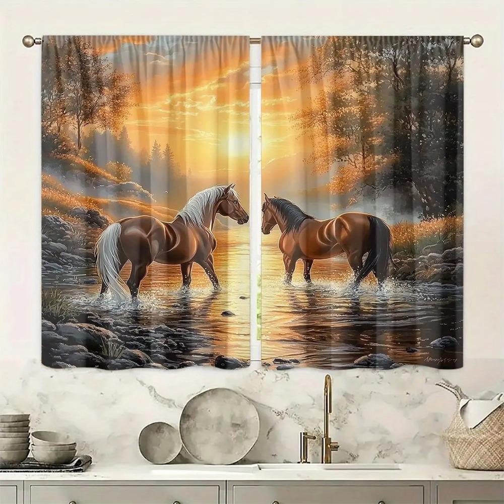 2 Pieces of Sunset Stream Horse Printed Curtains,30*65 Inches, Home Decoration, Room Decoration