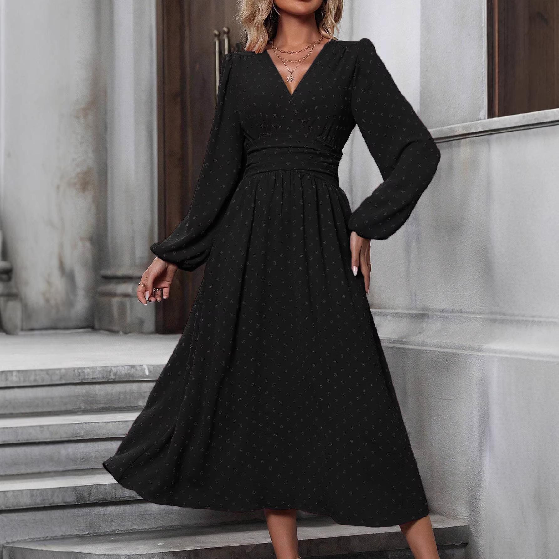European & American Autumn/Winter Lantern Sleeve Dress with Slanted Collar and Pleated Waist Extra Extra Large чёрный