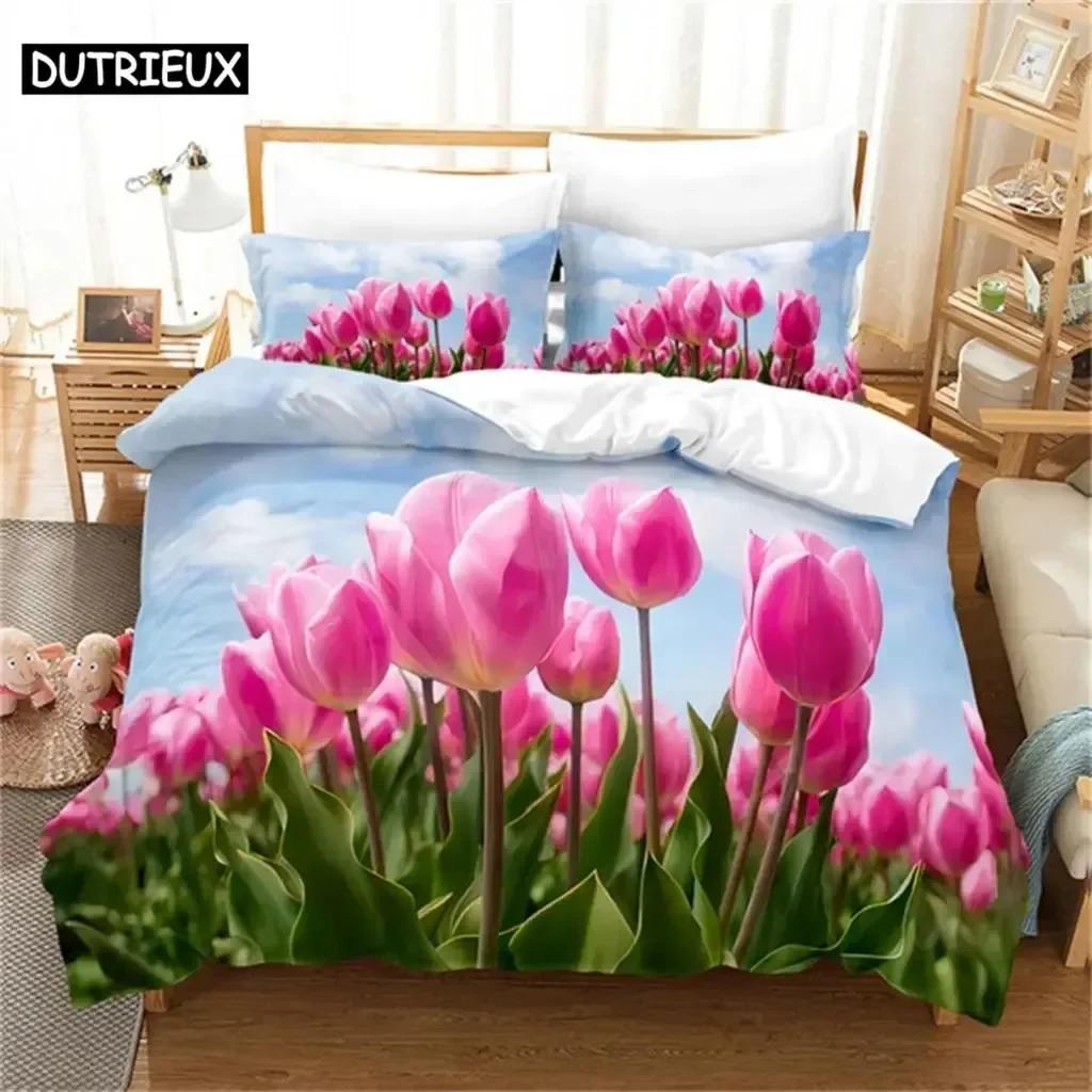 Tulip Scenery Quen Beding Set For Bedrom Soft Modern Bedspreads Comefortable Children Kids Soft Duvet Cover Comfortable Quilt Cover And Pilowcase