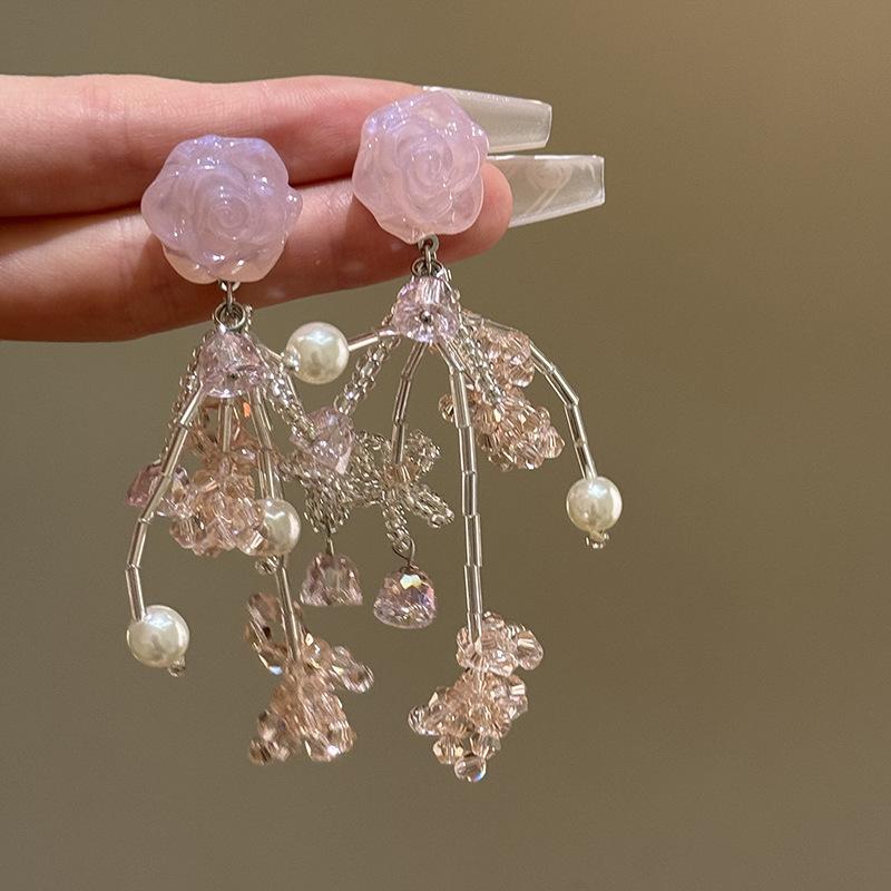 

Розовые серьги-кисточки с жемчугом в виде цветка, модные милые серьги-пусеты в форме сердечка, универсальные серьги с темпераментом