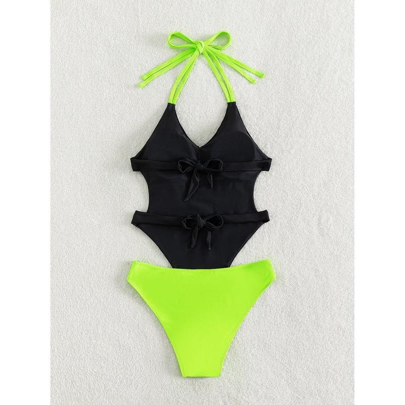High Cut One Piece Swimsuit Women Summer Neon Patchwork Backless 1 Onepiece Swimwear Swimming Suit For Women Bathing Suit