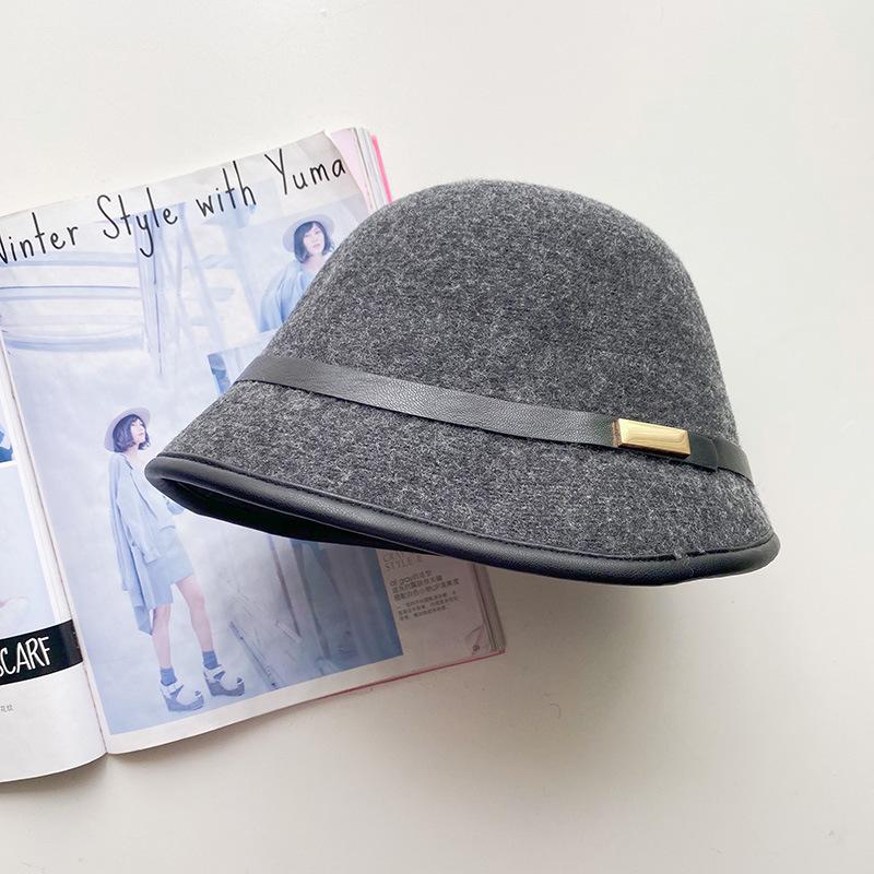 Top Hat Women's Warm Bucket Hat Autumn and Winter Retro Wool Woolen Temperament Basin Hat Front Length and Back Short Brim