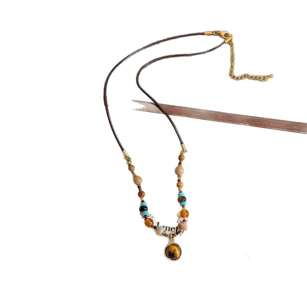 Maillard Tiger's Eye Stone Pendant Necklace Women's Light Luxury Temperament Beaded Clavicle Chain Niche