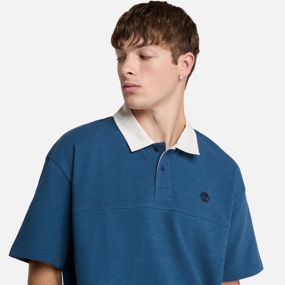 Timberland Men's Short Sleeve Textured Polo Shirt, Dark Denim, Size M, TB0A69W32881