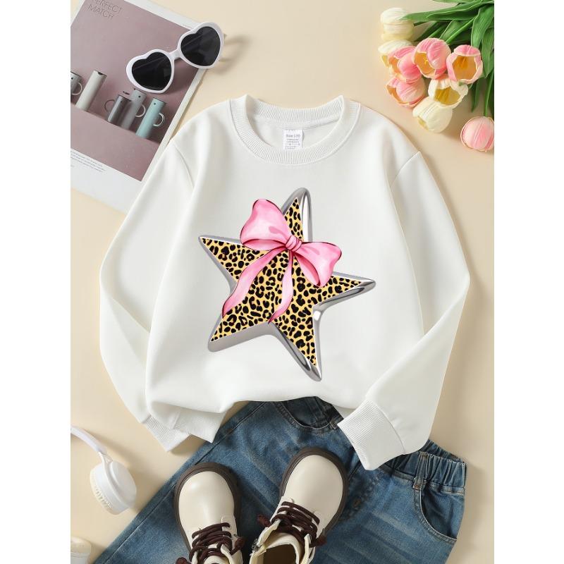 European sizes Girls Soft Crewneck Sweatshirt Leopard Print Star with Pink Bow, Casual for Fall Winter, Ideal Holiday Present.