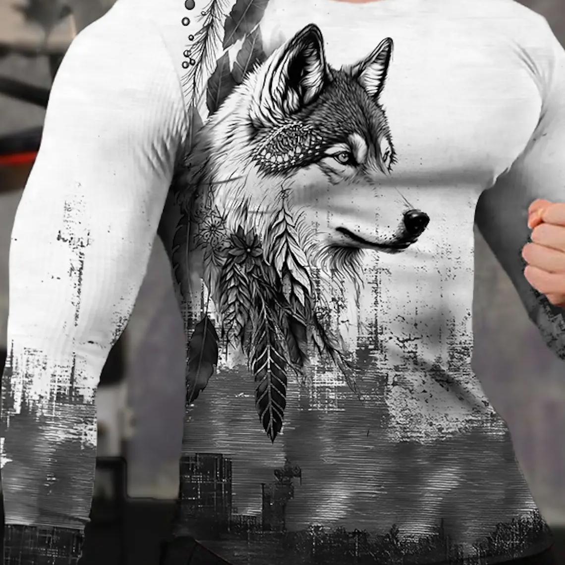ETST 03 Vintage Heren T-shirt met lange mouwen, 3D-printoverhemden, Mode Dierenwolf Grafische korte mouwen, Oversized streetwear tops, T-shirts XL