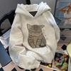 Women's Cat Print Fleece-Lined Hoodie - College Style, Loose Fit for Autumn/Winter 2024