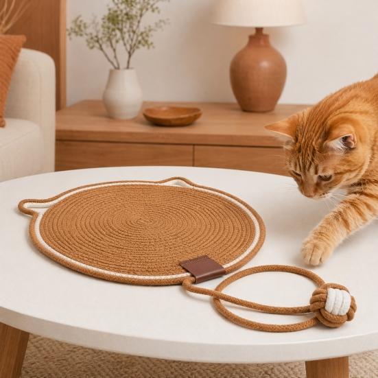 Cat Scratching Pad, Woven Cotton Rope Cat Scratcher with Bait Ball And Cute Ear Design, Indoor Cat Scratcher Mat for Furniture