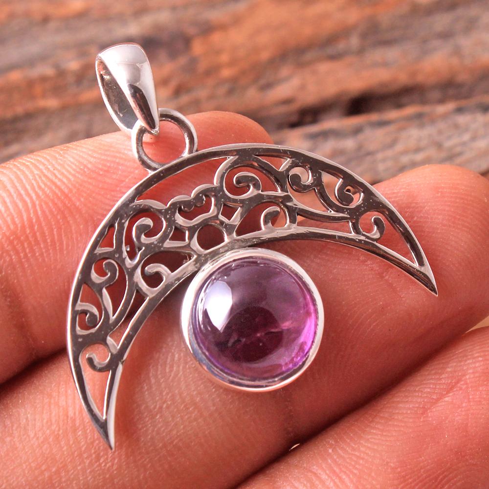 Аметист Ларимар Лазурит Сердолик Драгоценный камень Луна Подвеска Стерлинговое серебро 925 пробы Ювелирные изделия ручной работы фиолетовый