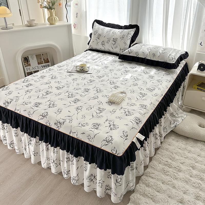 

new French black lace bed skirt single/three-piece set four-season universal with skirt bed circumference 180x200cm 3pcs Яскраво-рожевий