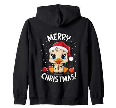 Pull de Noël Canard Chapeau de Père Noël Guirlandes Lumineuses Mignon Joyeux Noël Canard Sweat à Capuche Zippé