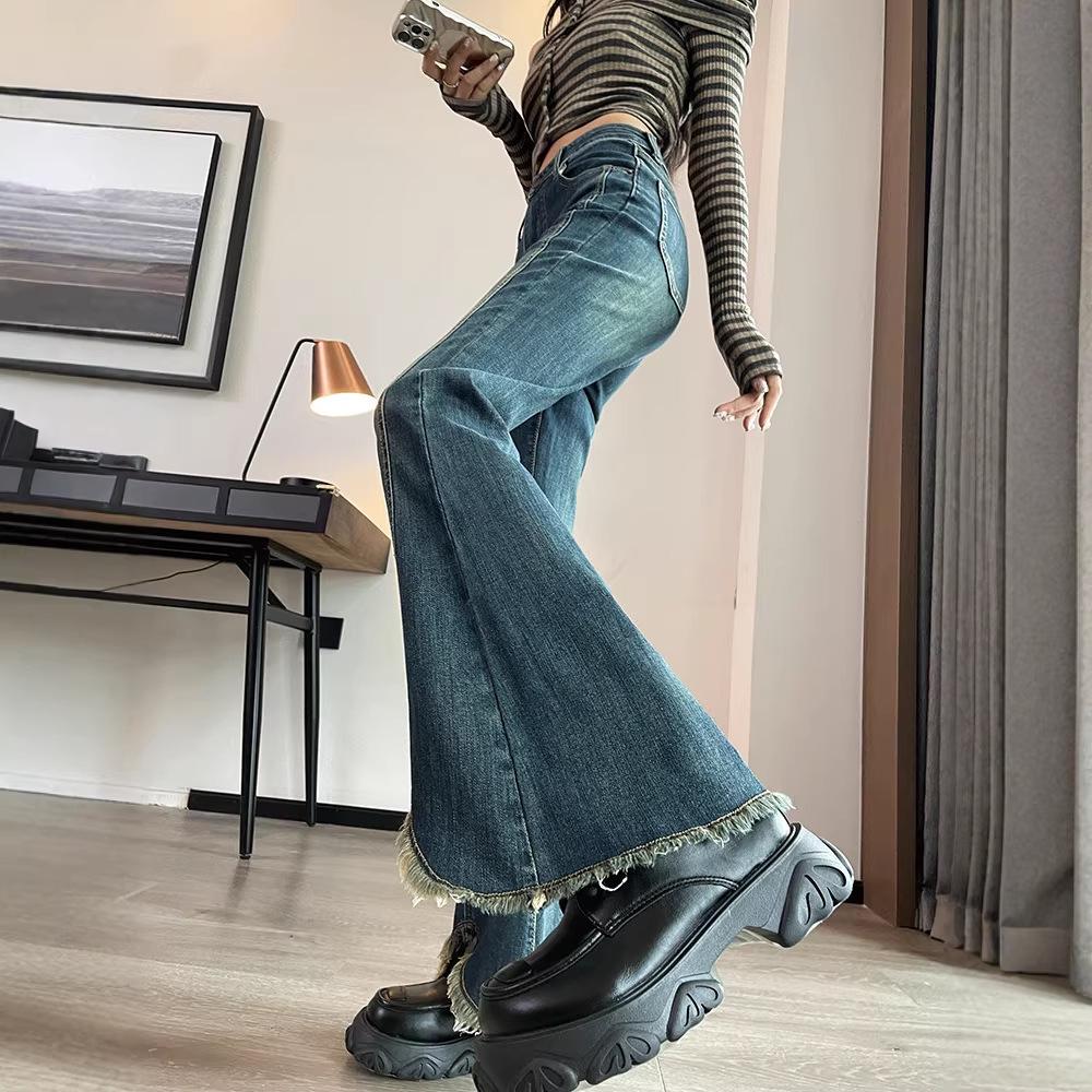 Women's High Waist Slimming Velvet Tassel Flare Jeans with Split Hem - 2025 Autumn/Winter Collection