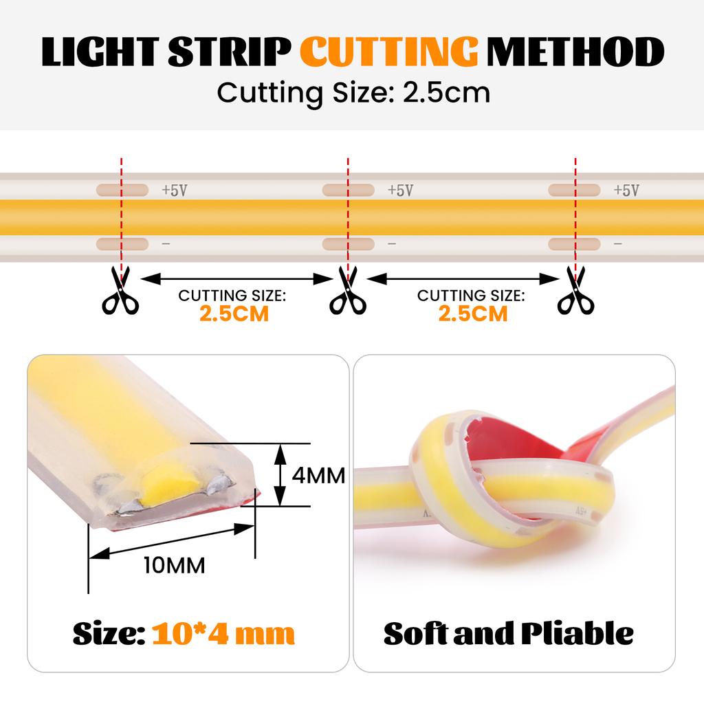 Bandă LED COB USB Impermeabilă IP68 5V 320LEDuri Bandă Flexibilă cu Luminozitate Ridicată cu Comutator de Dimmer Lățime 10mm pentru Iluminat Exterior
