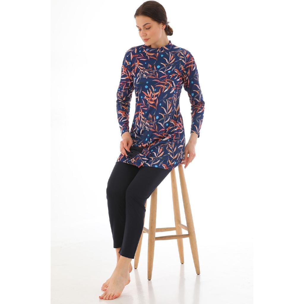 Vollständig bedeckter Lycra-Hijab-Badeanzug mit marineblauem Muster