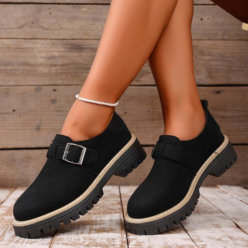 New Large-sized Loafers for Women, Round-toed, Square-buckle, Thick-soled Metal, Deep-mouthed Single Shoes