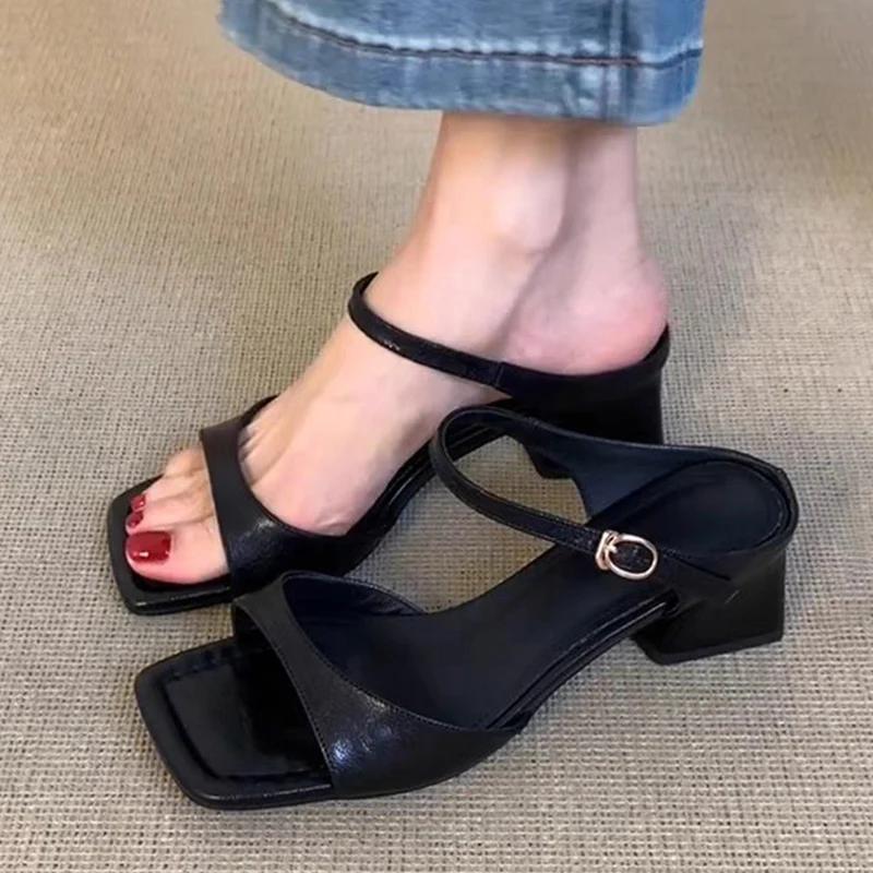 Fashion Elegant Women High Heels Slippers Square Toe Sandals Summer Woman Shoes 2025 New Chunky Shoes Slingback Slides Mujer Zapatillas
