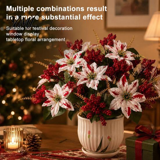 Artificial Dieffenbachia Plants Poinsettia Flowers, Christmas Fake Floral Berry Centerpiece, Fade-Resistant Life Like Indoor Greenery Red And