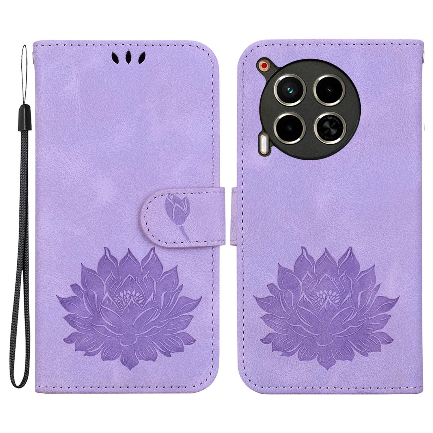 

For TECNO Camon 30 4G/30 5G Case Lotus Imprint Leather Wallet Phone Cover with Wrist Strap Purple