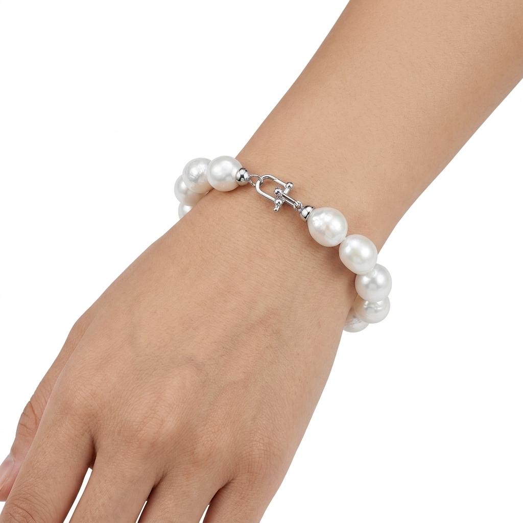 Caressa Simple Style S925 Silver AAA Grade White Natural Baroque Pearl Minimalist Bracelet